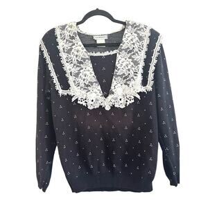 Vintage SCOTT MCCLINTOCK Lace Sailor Collar Navy Dotted Pattern Knit Sweater